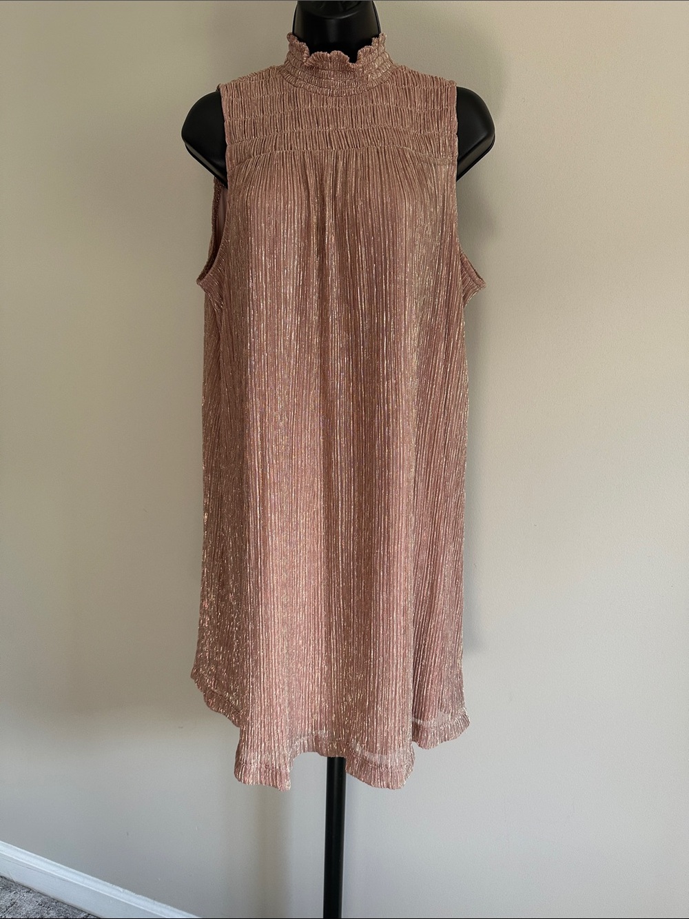 🩷 Nine West Metallic Rose-Pink Pleated High Neck Mini Sheath Dress